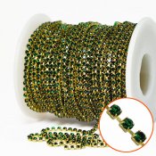 2mm rhinestone chain with Czech crystals, gold/emerald