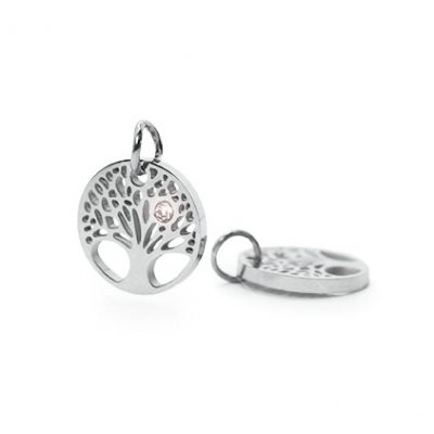 Charm, tree of life, stainless surgical steel & CZ stone, approx. 12mm