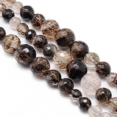 Fasetterade pärlor för halsband, naturlig rökkvarts & bergkristall, 6-14mm