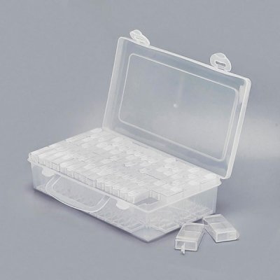 64 small flip-top storage containers in a clear organiser