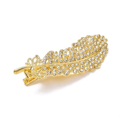 Hårklämma/hårspänne, guldfärgad fjäder med strass, 7cm