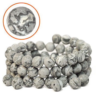 Frostade pärlor av naturlig grå picassojaspis/map stone, ca 8.8mm, 22-24st