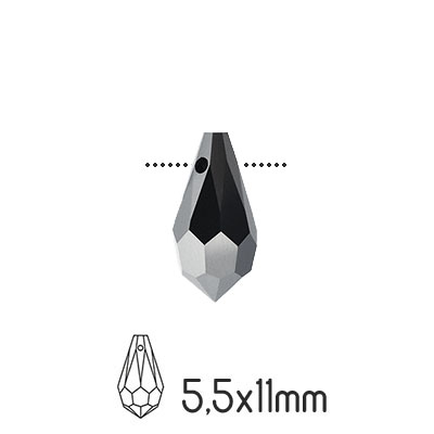 Preciosa drop pendants, 5.5x11mm, Jet 1/2 Hematite