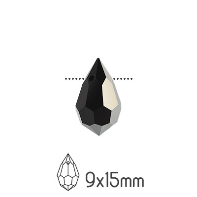 Preciosa drop pendants, 9x15mm, Jet 1/2 Hematite